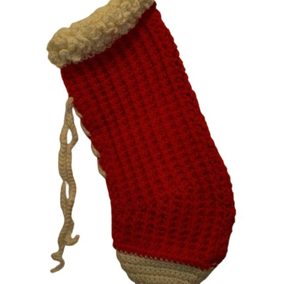 Handmade Red and White Lace Up Yarn Christmas Holiday Stocking - Picture 6 of 12